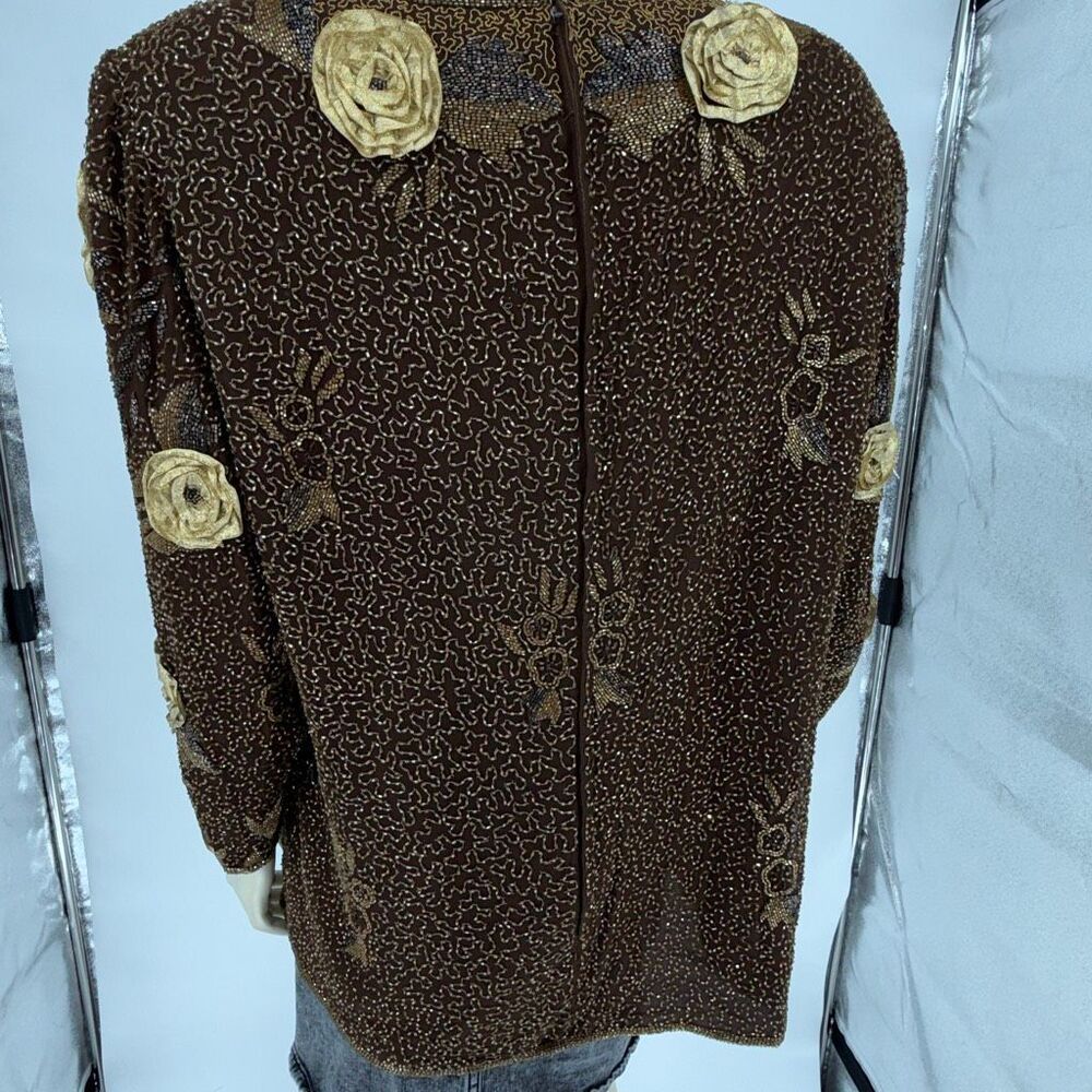 Vintage Joan Leslie Studio Silk Beaded Floral Top Saks Fifth Avenue 2X Brown Gol - Picture 2 of 15